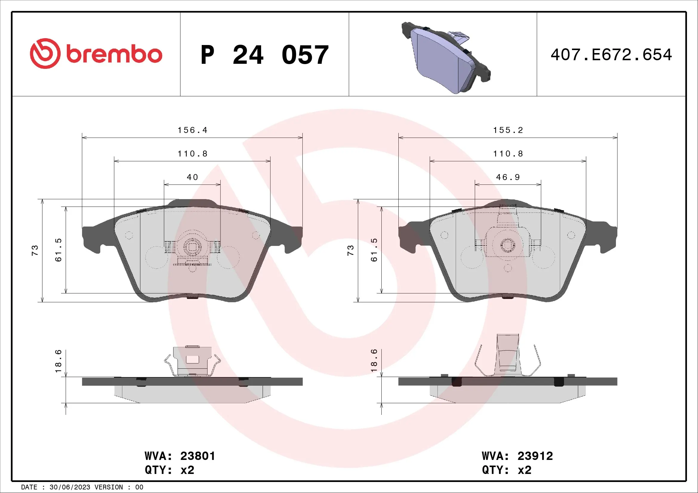 Kit de plaquettes de frein, frein à disque BREMBO P 24 057