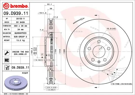 Disque de frein BREMBO 09.D939.11