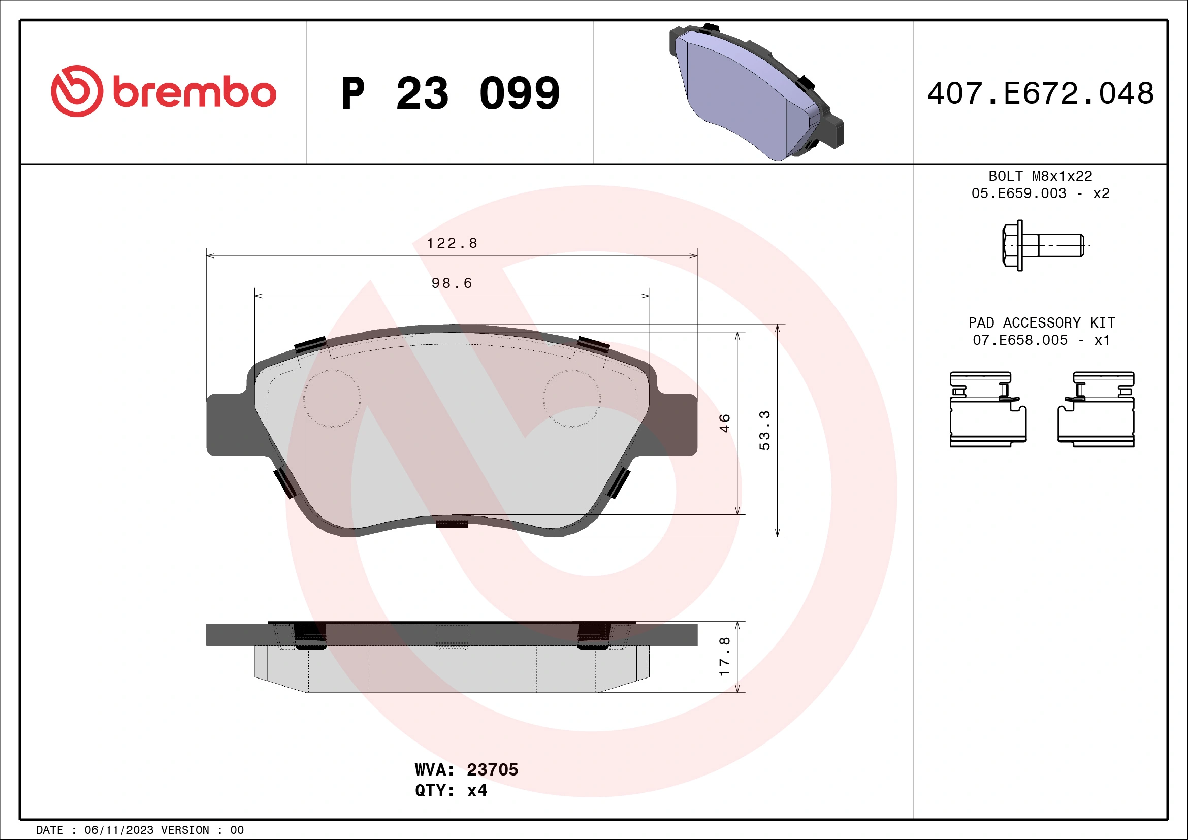 Kit de plaquettes de frein, frein à disque BREMBO P 23 099