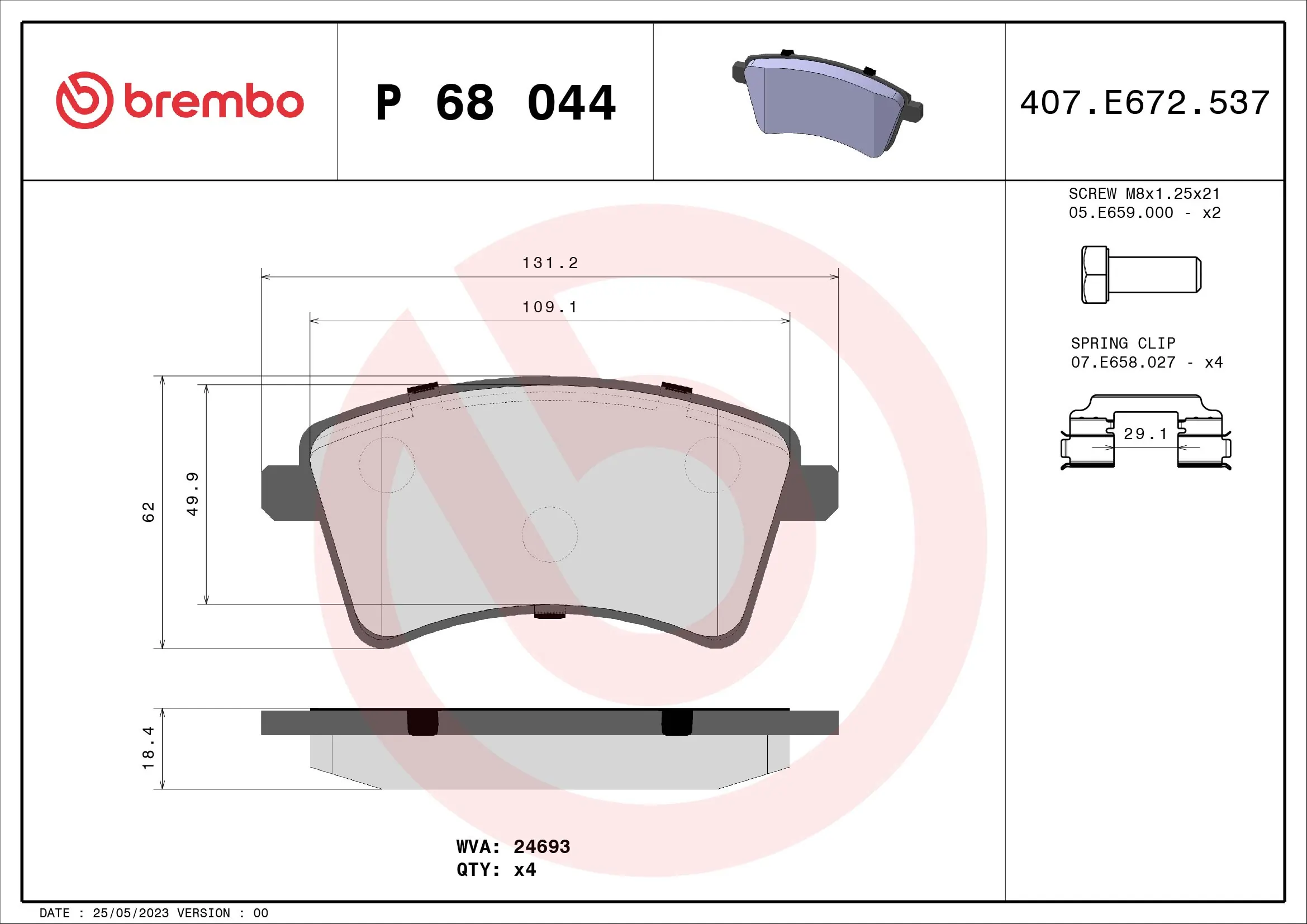 Kit de plaquettes de frein, frein à disque BREMBO P 68 044
