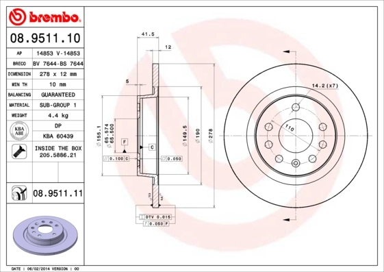 BREMBO 08.9511.10 — Диск гальмівний