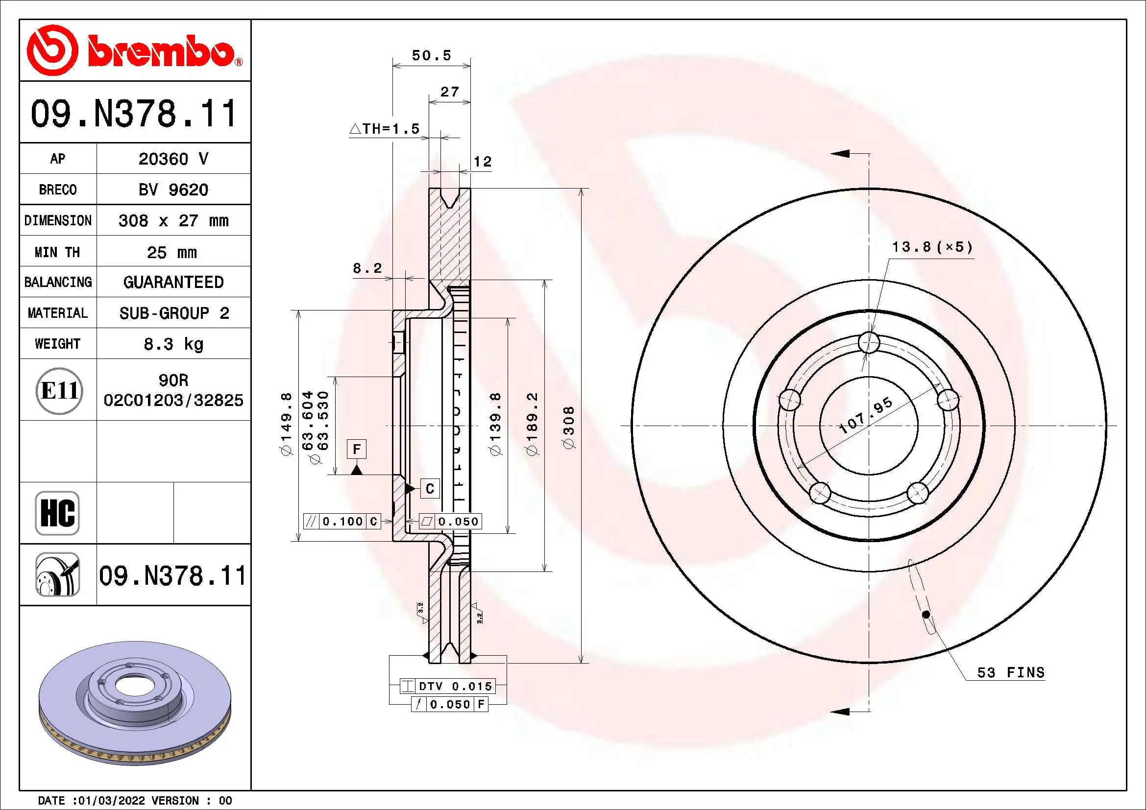 Disque de frein BREMBO 09.N378.11