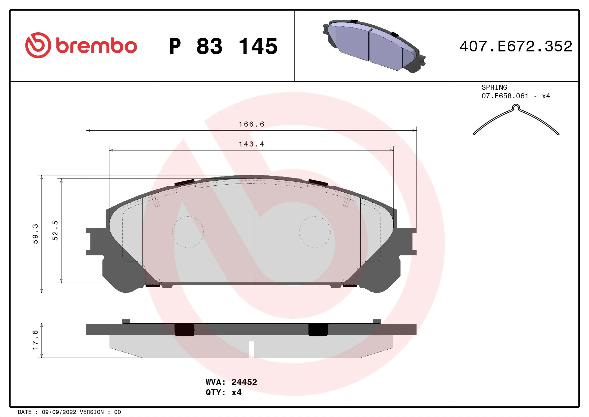 Kit de plaquettes de frein, frein à disque BREMBO P 83 145