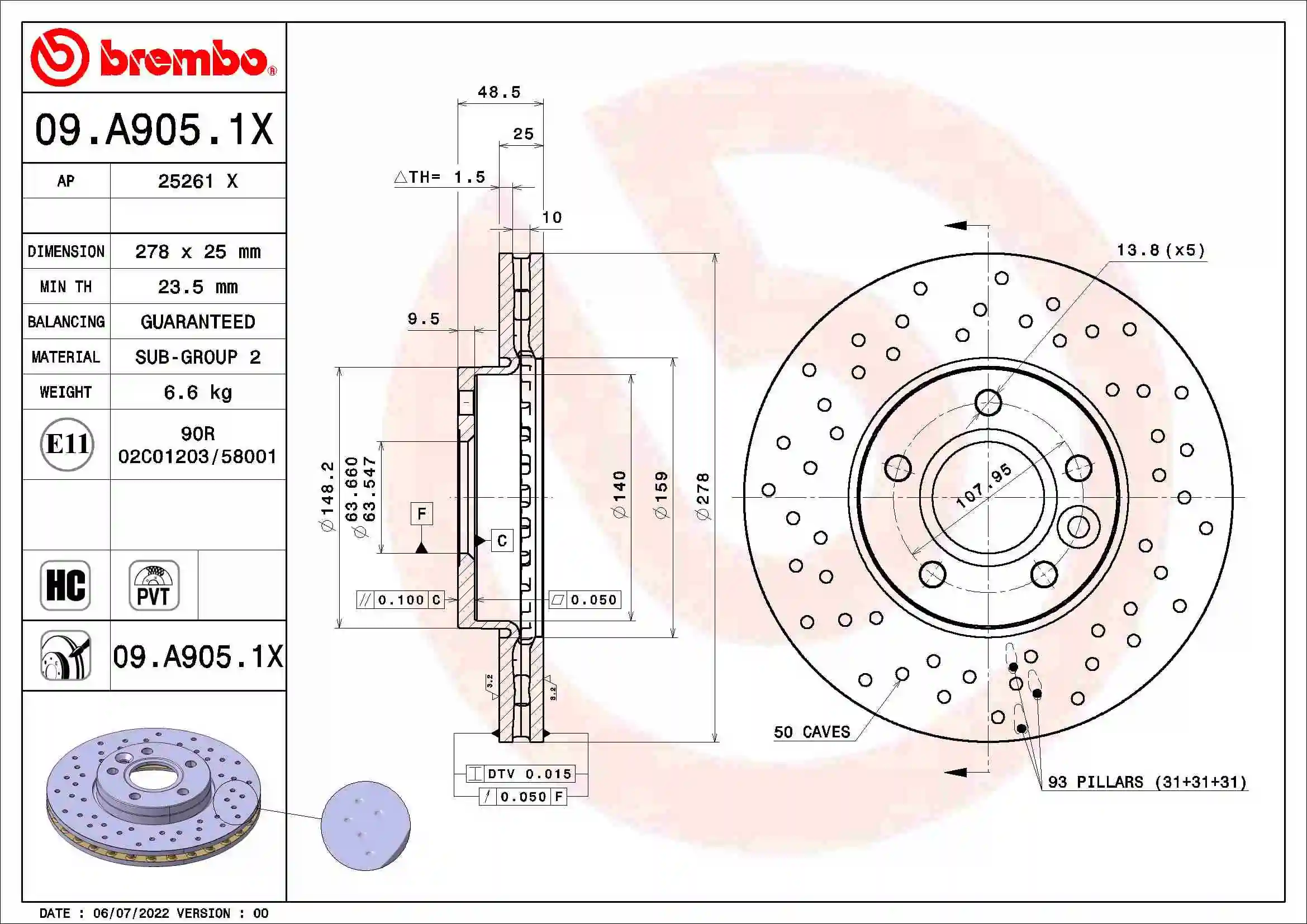 Disque de frein BREMBO 09.A905.1X