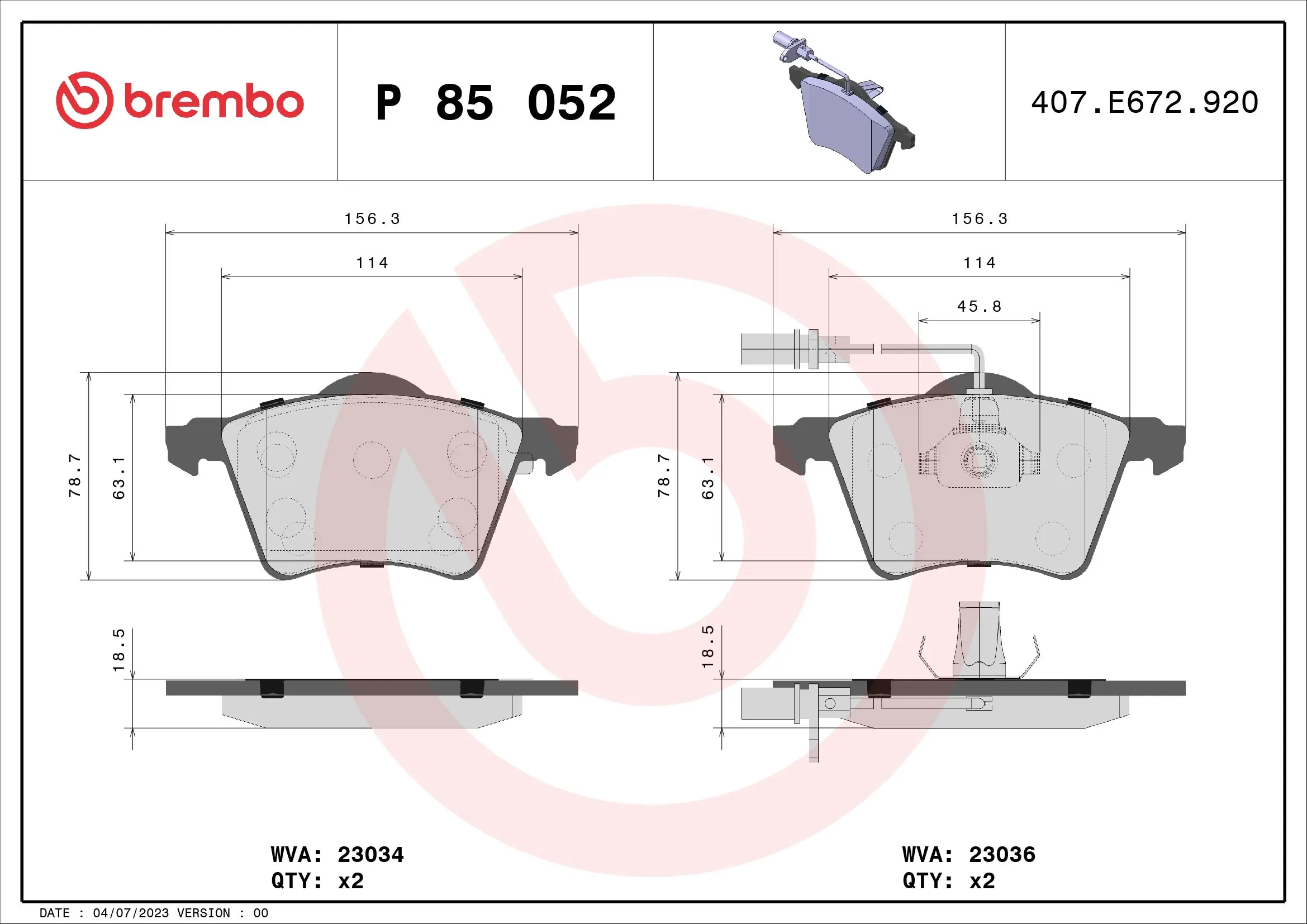 Kit de plaquettes de frein, frein à disque BREMBO P 85 052