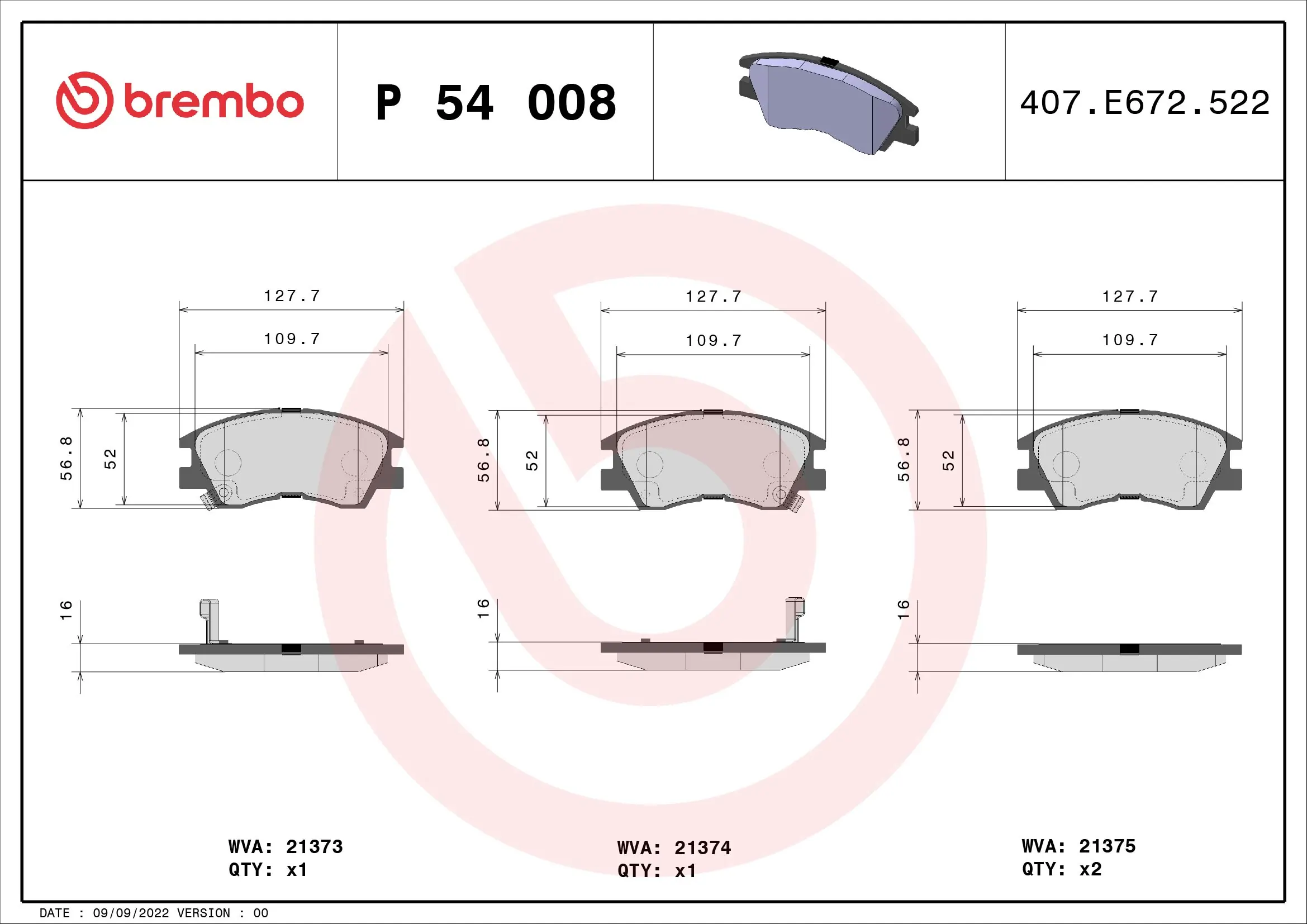 Kit de plaquettes de frein, frein à disque BREMBO P 54 008