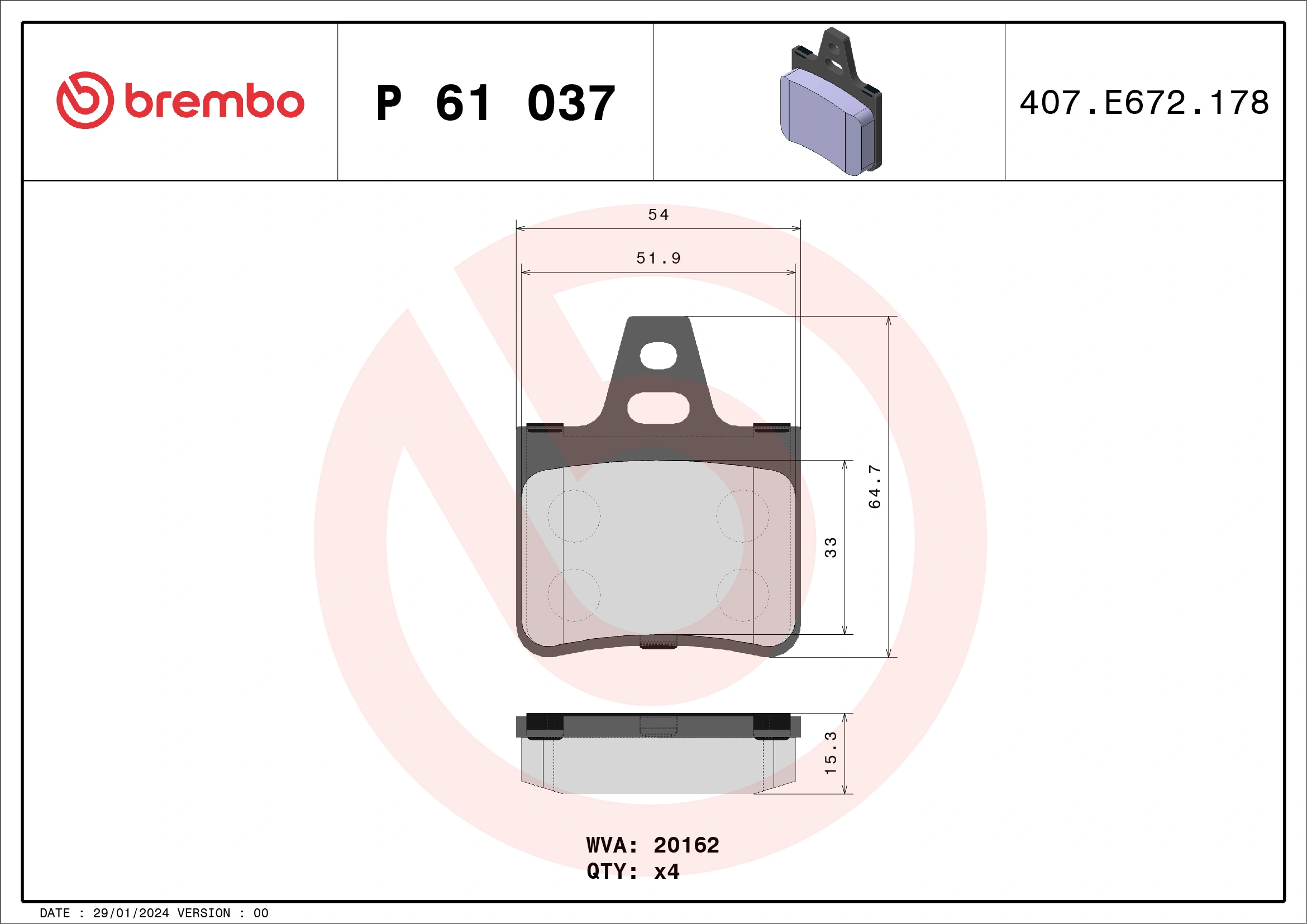 Kit de plaquettes de frein, frein à disque BREMBO P 61 037