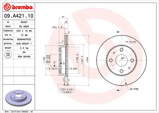 Disque de frein BREMBO 09.A421.10