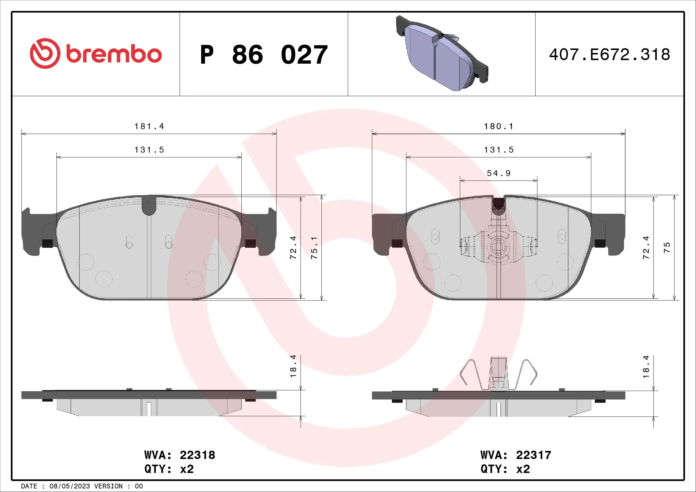 Kit de plaquettes de frein, frein à disque BREMBO P 86 027