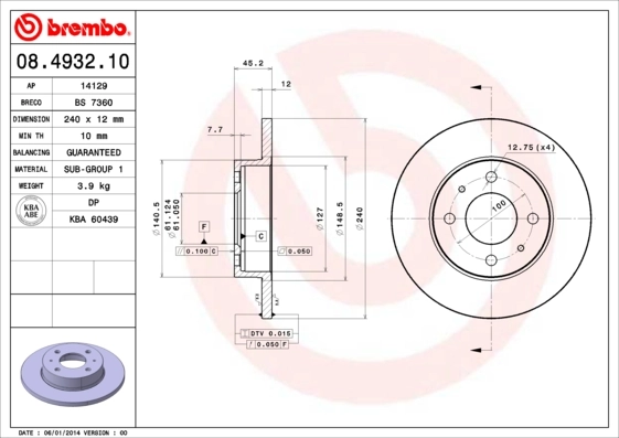 Disque de frein BREMBO 08.4932.10