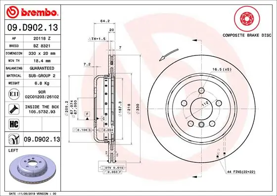 BREMBO 09.D902.13 — Диск гальмівний BMW 5 G30 задн. лів. (вир-во BREMBO)