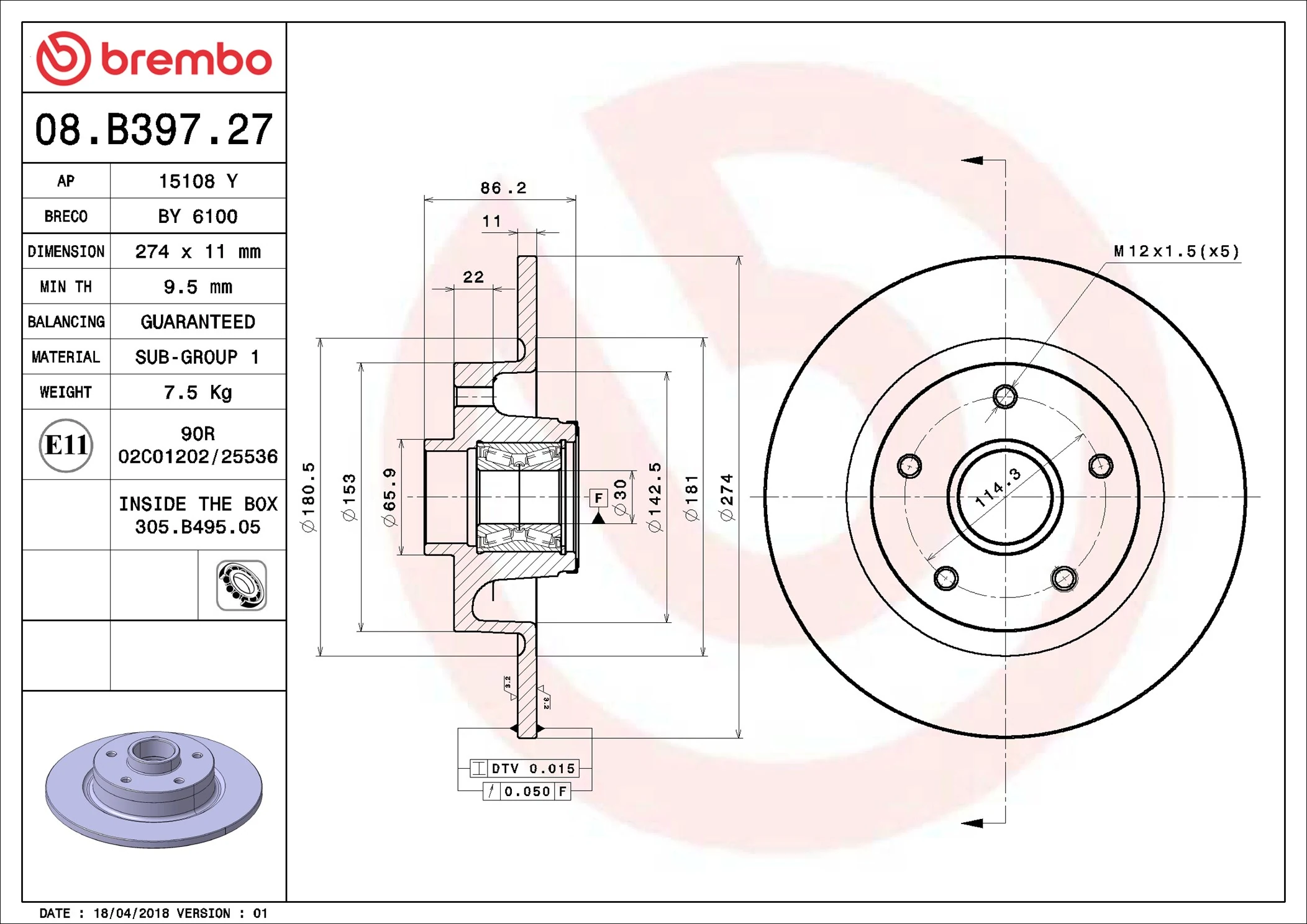 Disque de frein BREMBO 08.B397.27