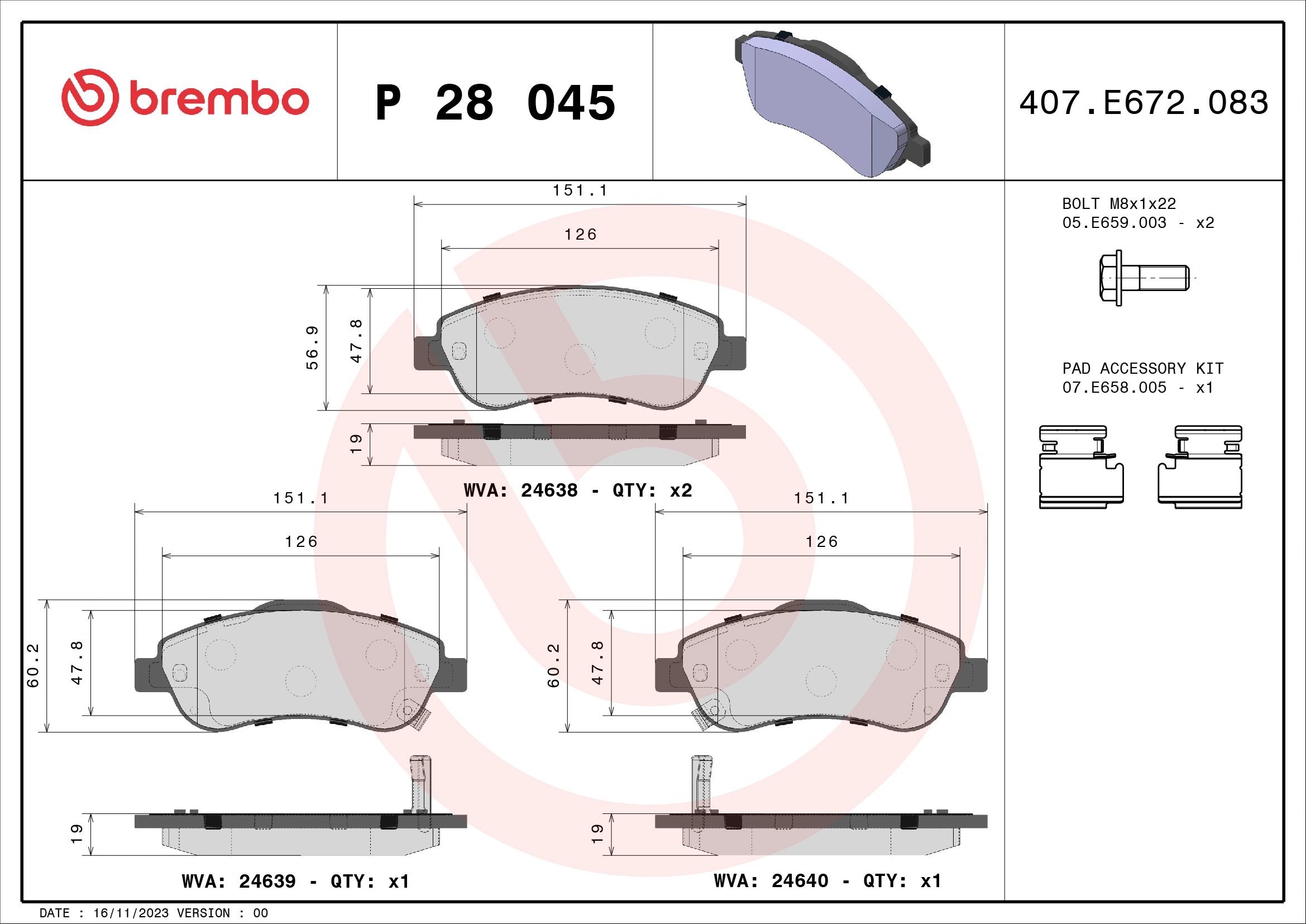 BREMBO P 28 045 — Колодка гальм. диск. HONDA CR-V III передн. (вир-во BREMBO)