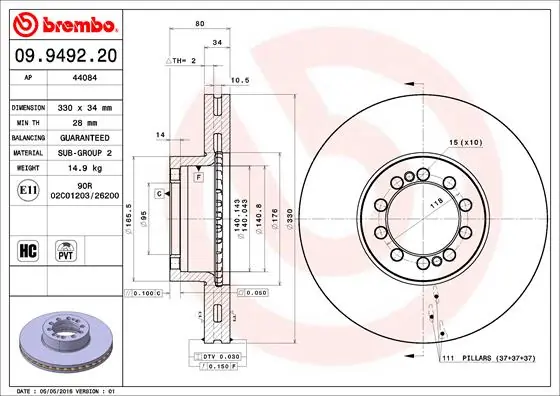 Disque de frein BREMBO 09.9492.20