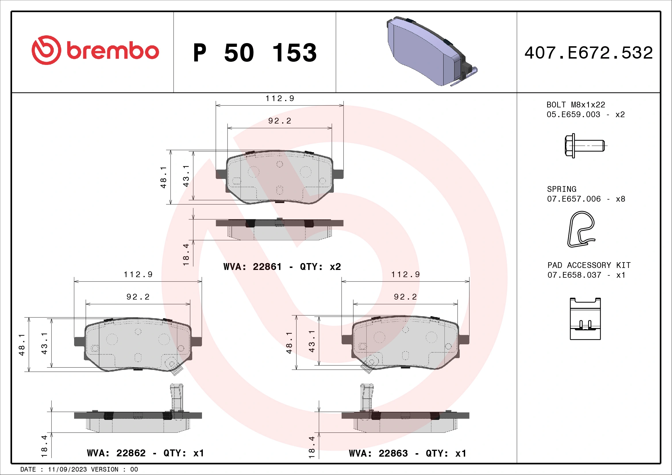 Kit de plaquettes de frein, frein à disque BREMBO P 50 153
