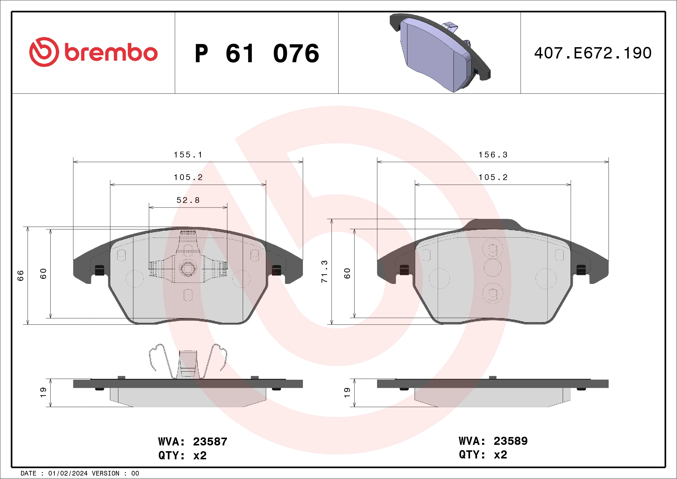 Kit de plaquettes de frein, frein à disque BREMBO P 61 076