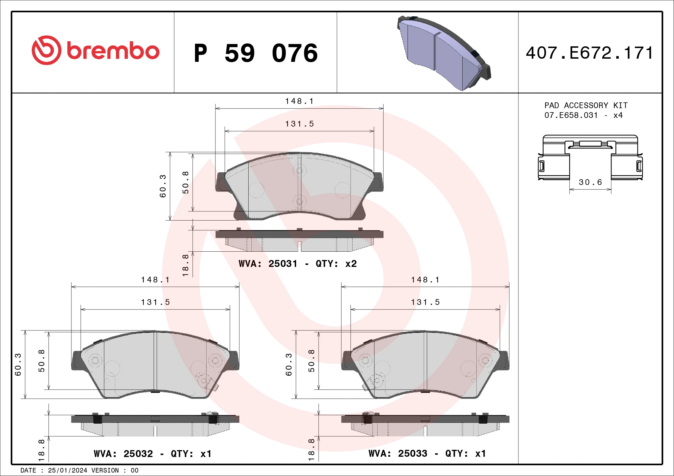 Kit de plaquettes de frein, frein à disque BREMBO P 59 076X
