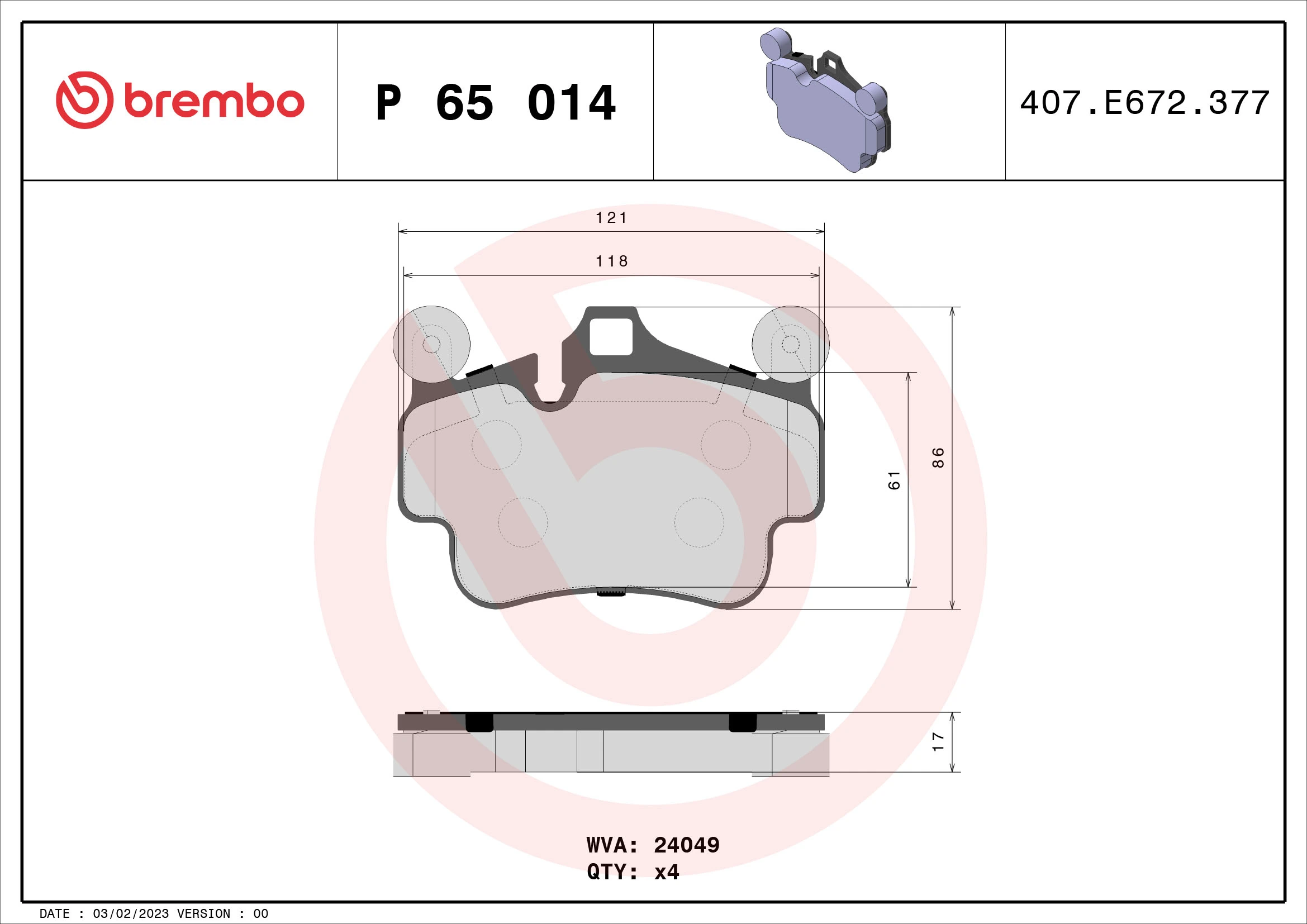 Kit de plaquettes de frein, frein à disque BREMBO P 65 014