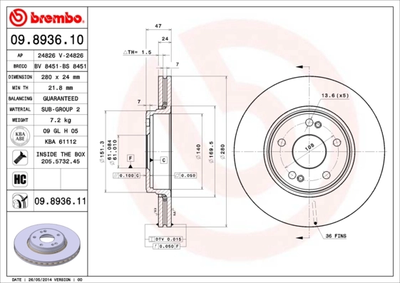 Disque de frein BREMBO 09.8936.11