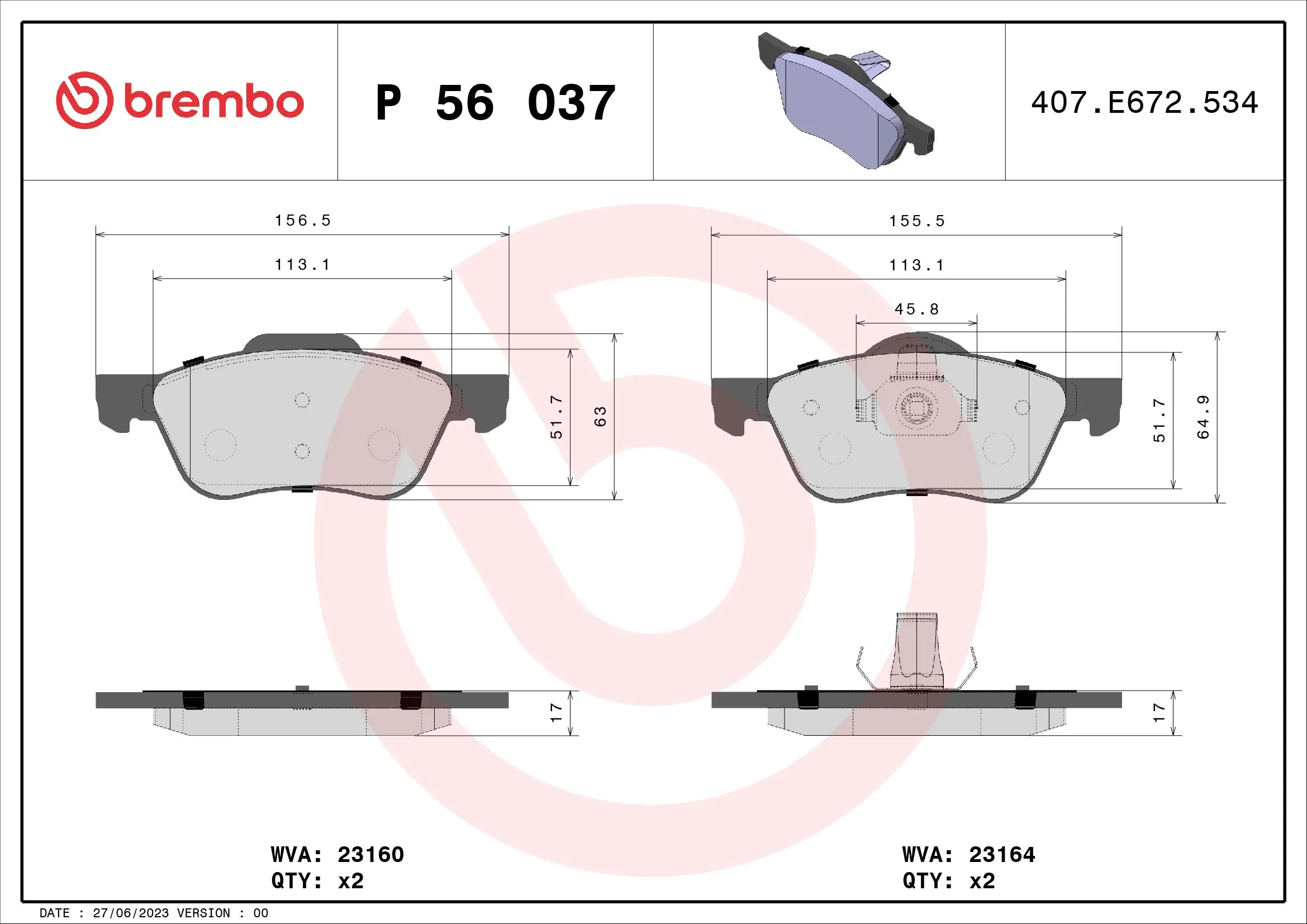 Kit de plaquettes de frein, frein à disque BREMBO P 56 037