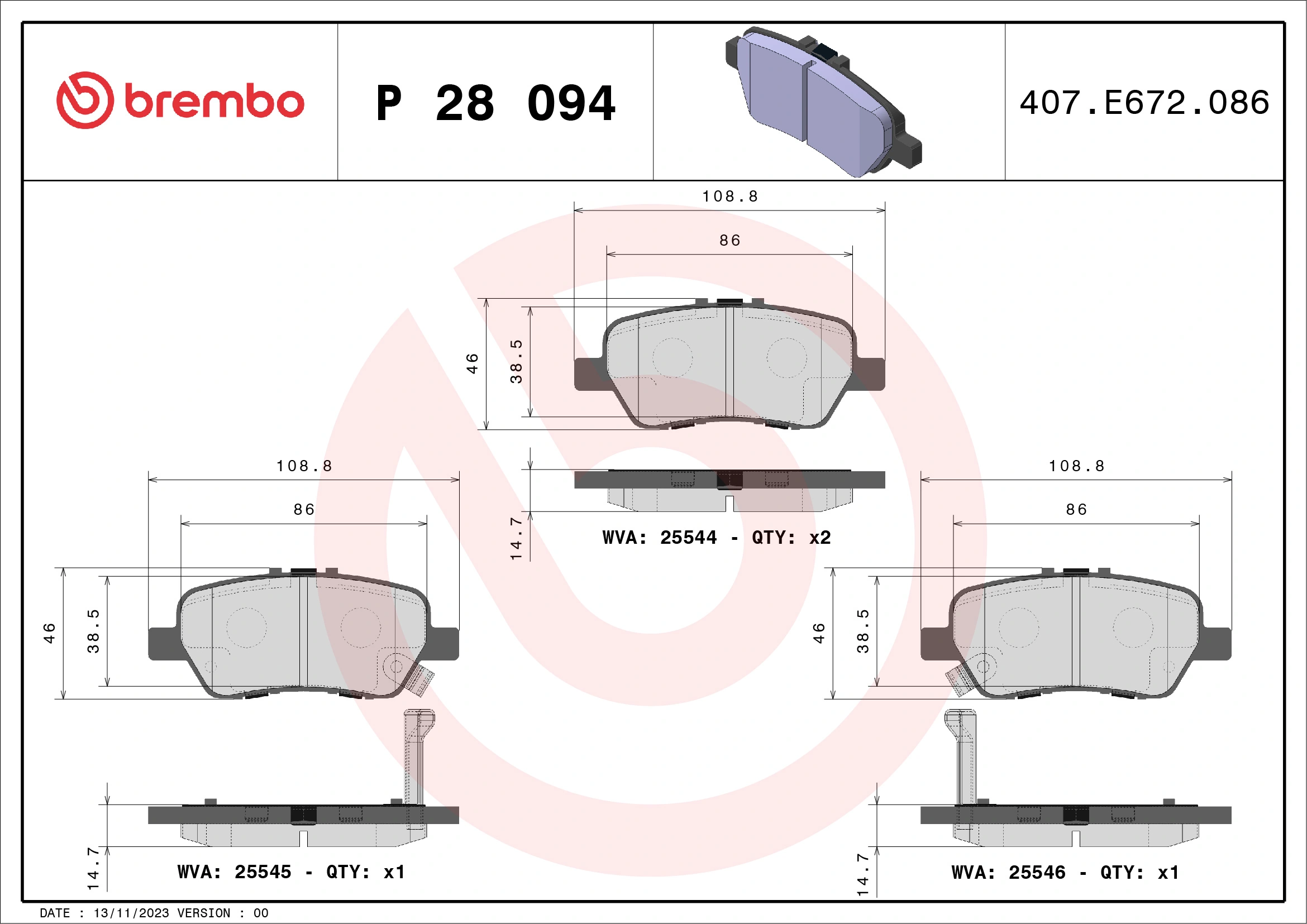 Kit de plaquettes de frein, frein à disque BREMBO P 28 094