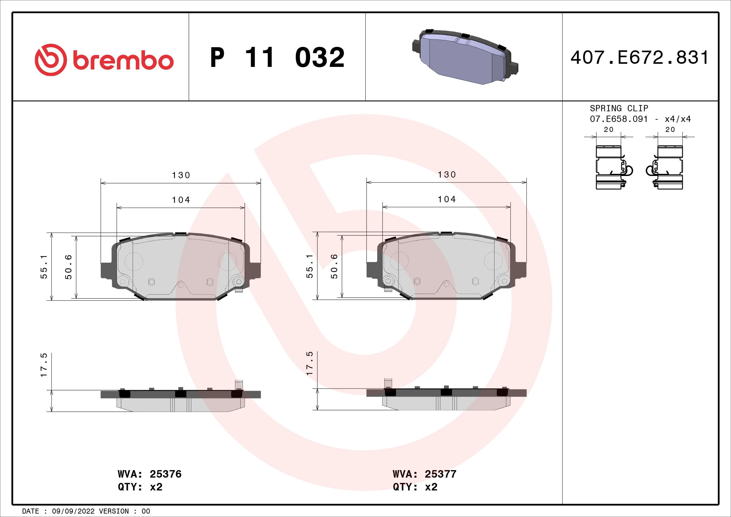 Kit de plaquettes de frein, frein à disque BREMBO P 11 032