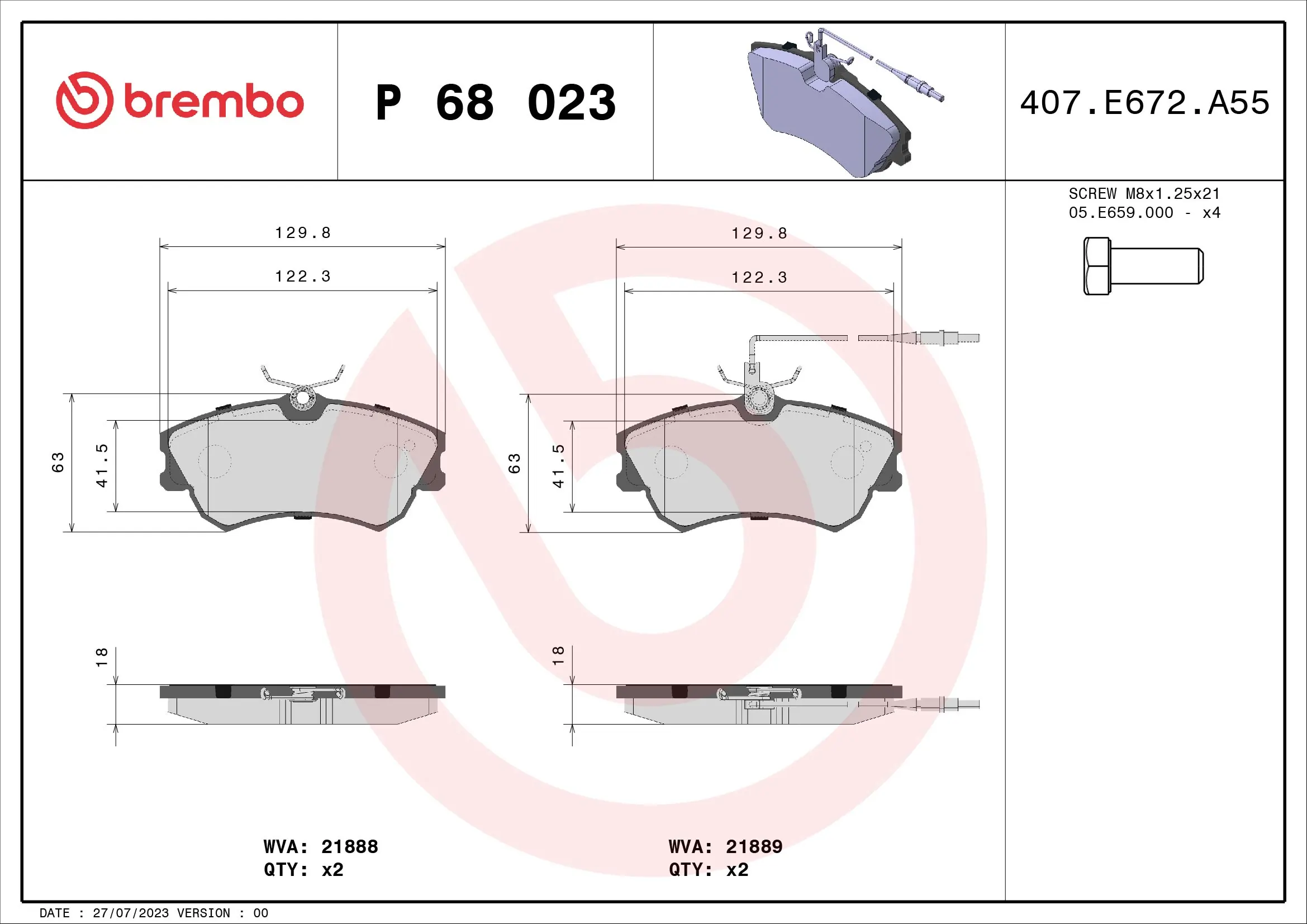 Kit de plaquettes de frein, frein à disque BREMBO P 68 023
