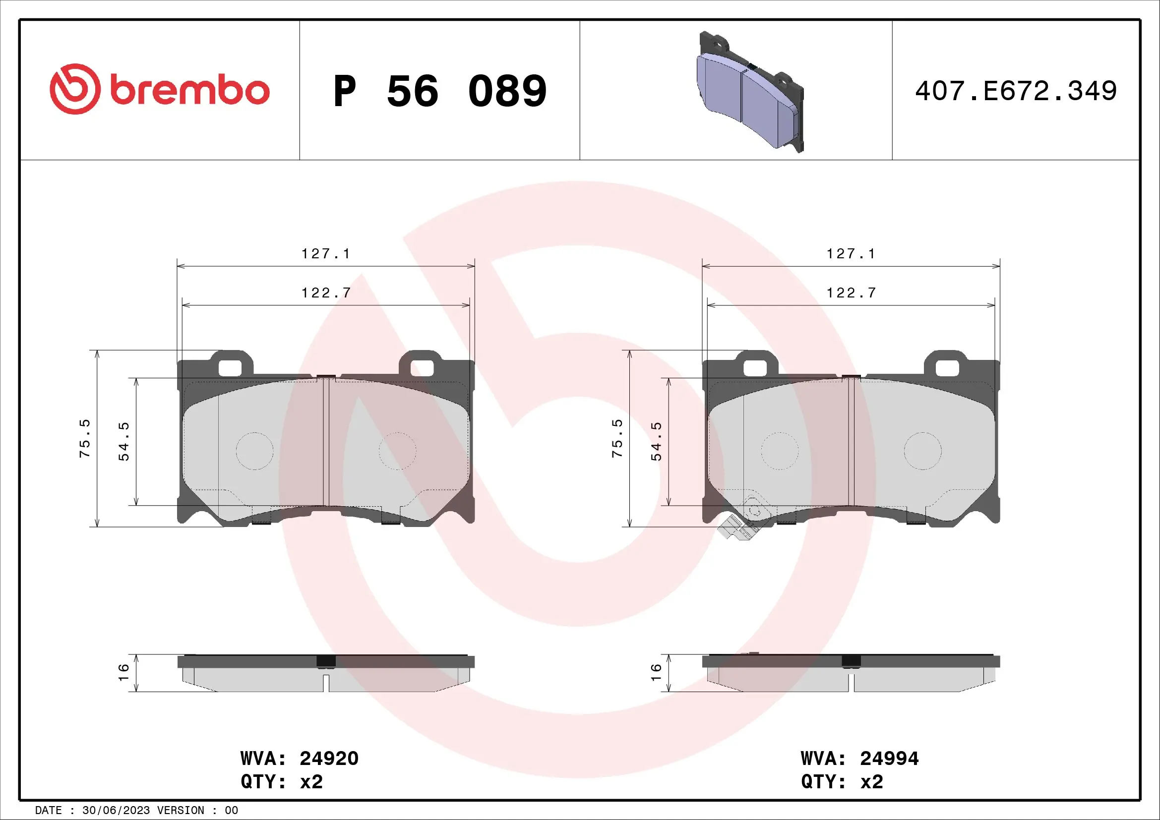BREMBO P56089 — Колодки гальмівні дискові
