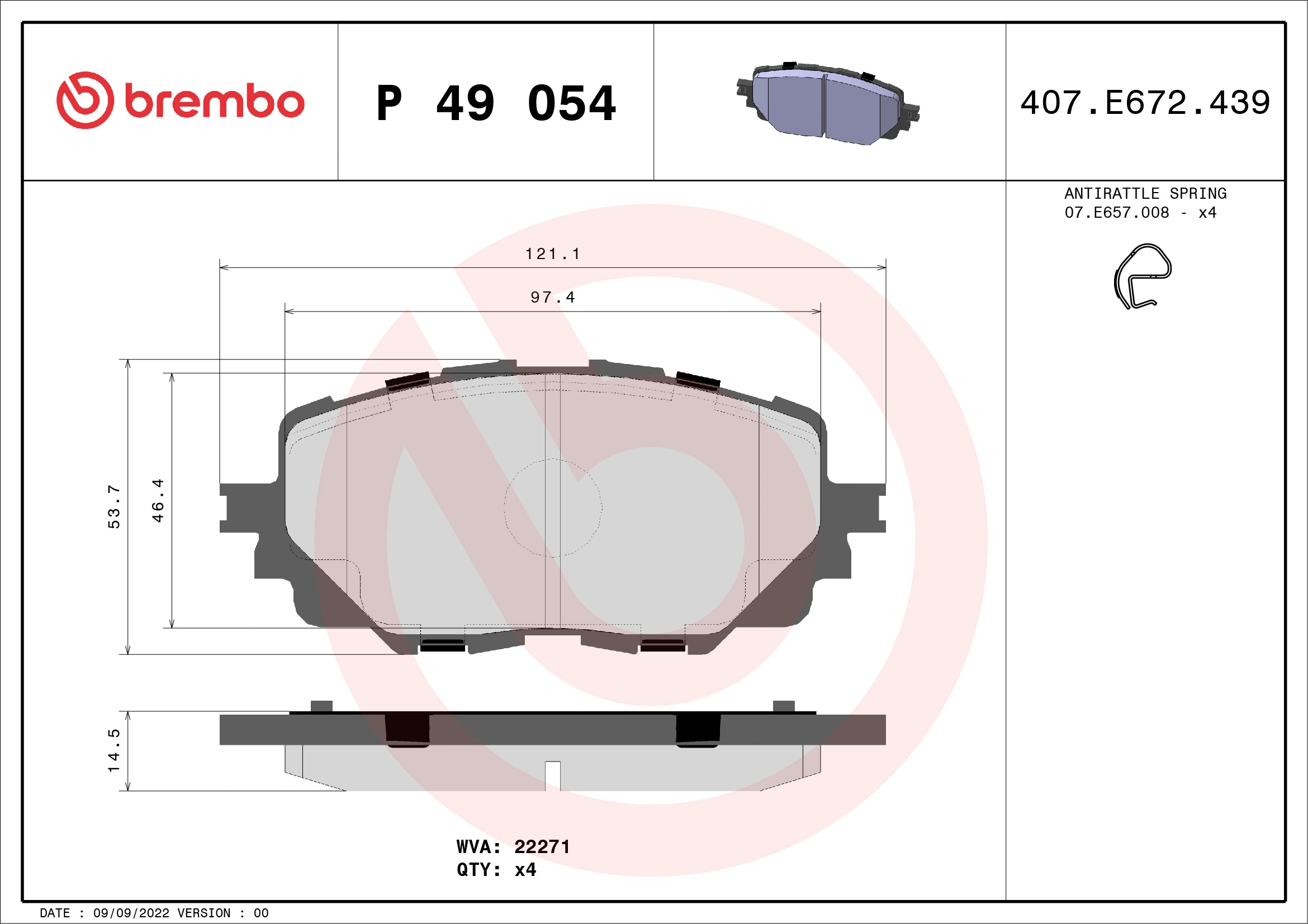 Kit de plaquettes de frein, frein à disque BREMBO P 49 054