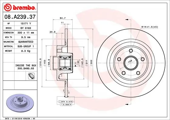 Disque de frein BREMBO 08.A239.37