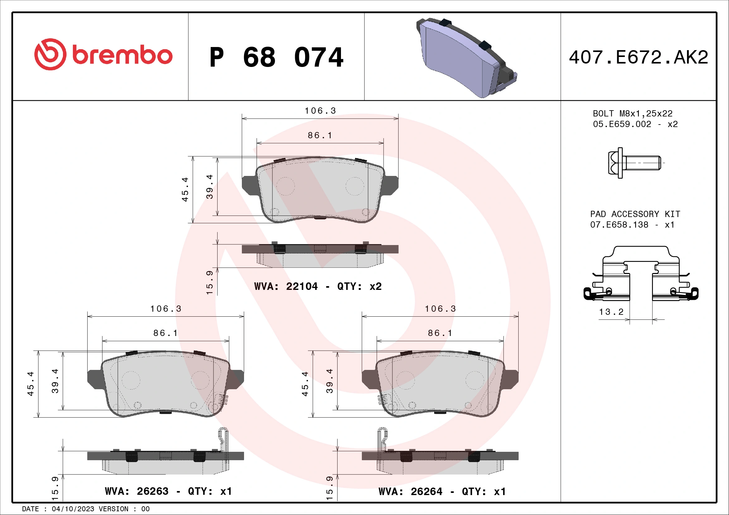 Kit de plaquettes de frein, frein à disque BREMBO P 68 074