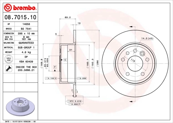 Disque de frein BREMBO 08.7015.10