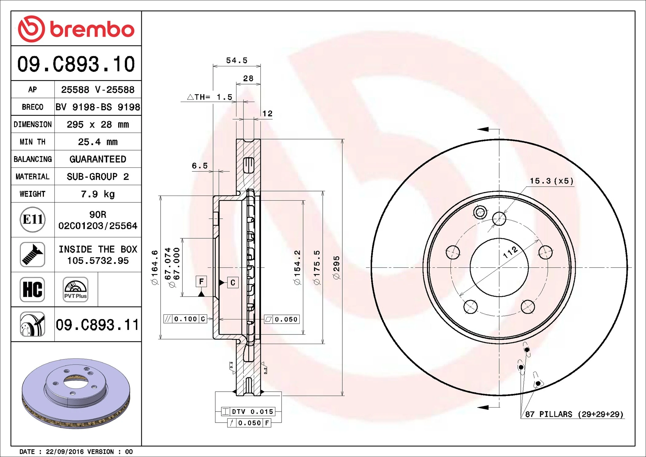 Disque de frein BREMBO 09.C893.11