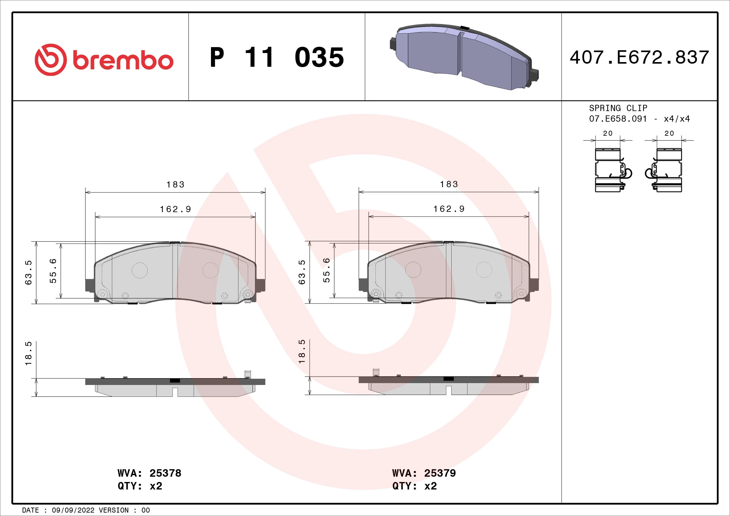 BREMBO P 11 035 — Колодка гальм. диск. перед. (вир-во BREMBO)