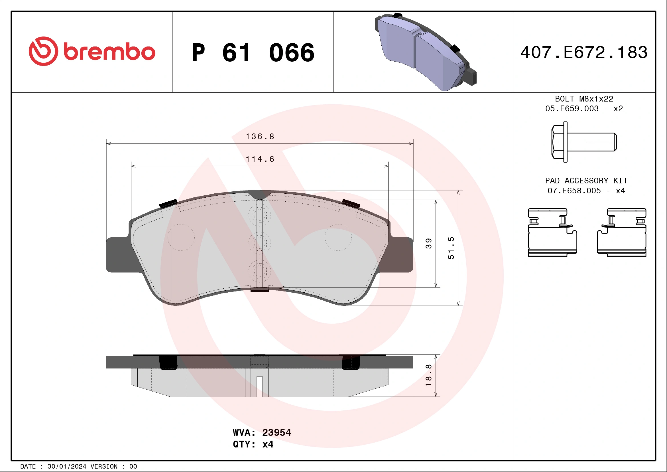 Kit de plaquettes de frein, frein à disque BREMBO P 61 066