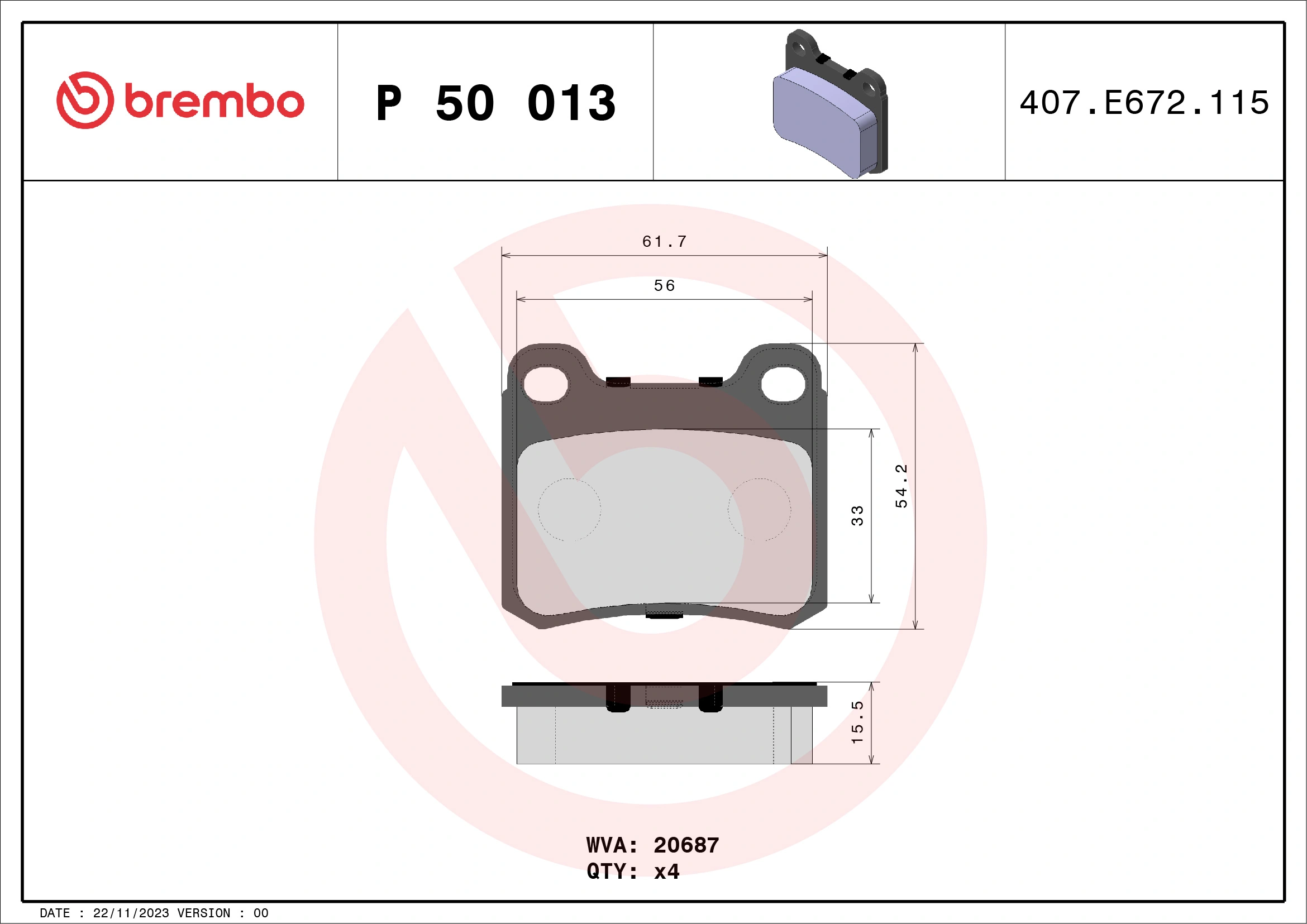 Kit de plaquettes de frein, frein à disque BREMBO P 50 013