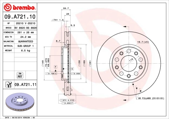 Disque de frein BREMBO 09.A721.11