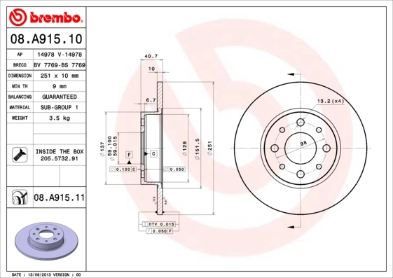 Disque de frein BREMBO 08.A915.11
