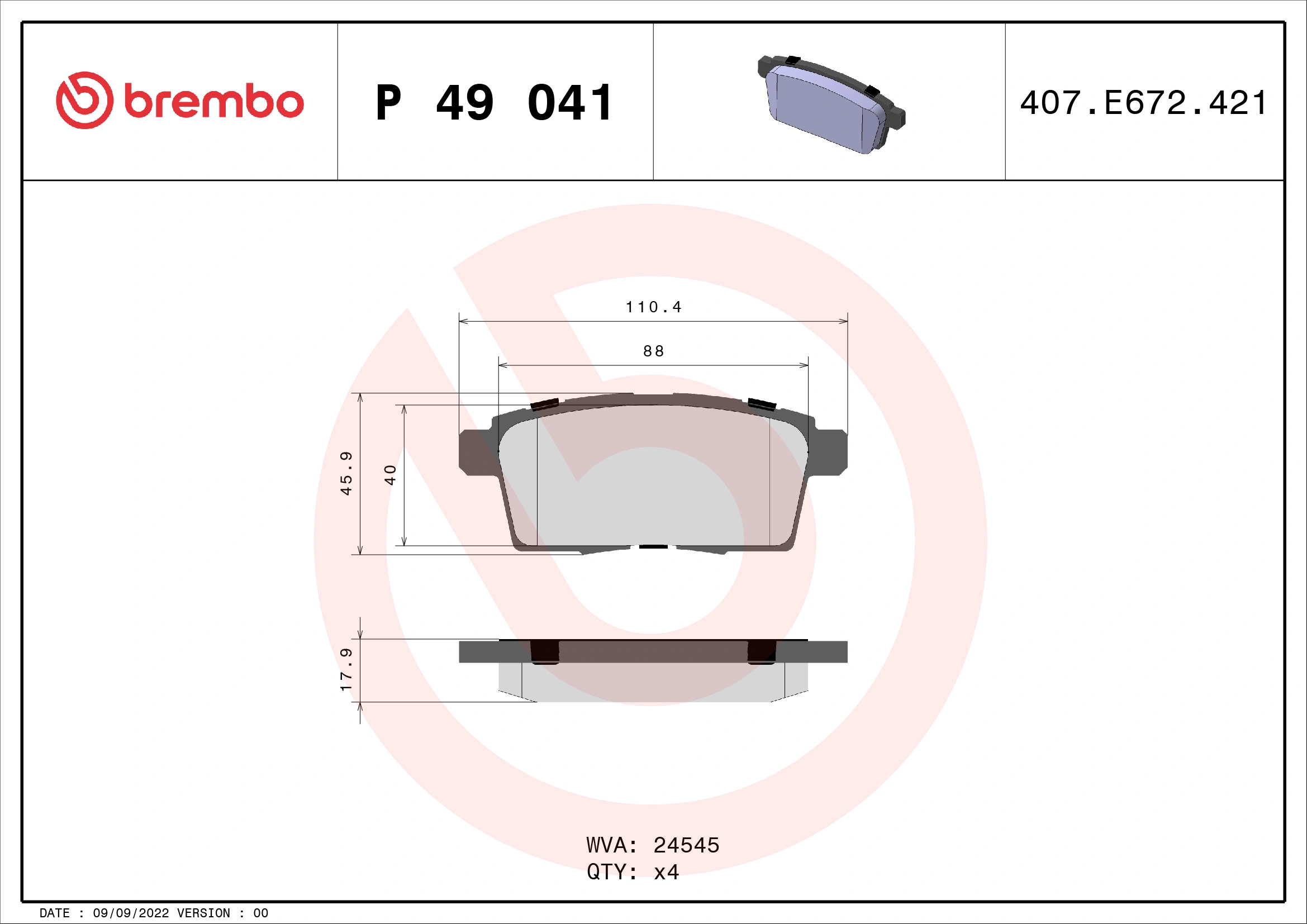 Kit de plaquettes de frein, frein à disque BREMBO P 49 041