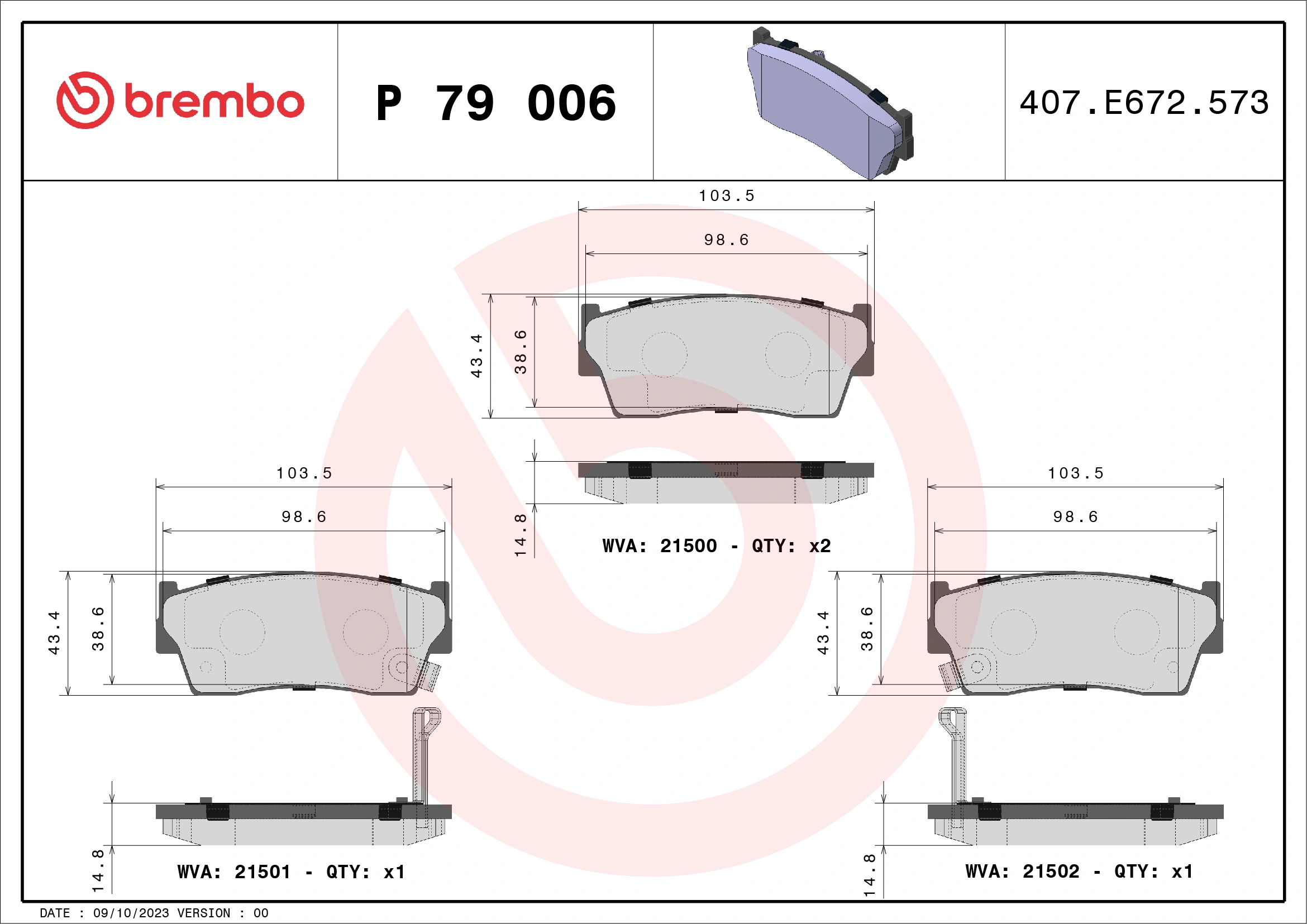 Kit de plaquettes de frein, frein à disque BREMBO P 79 006