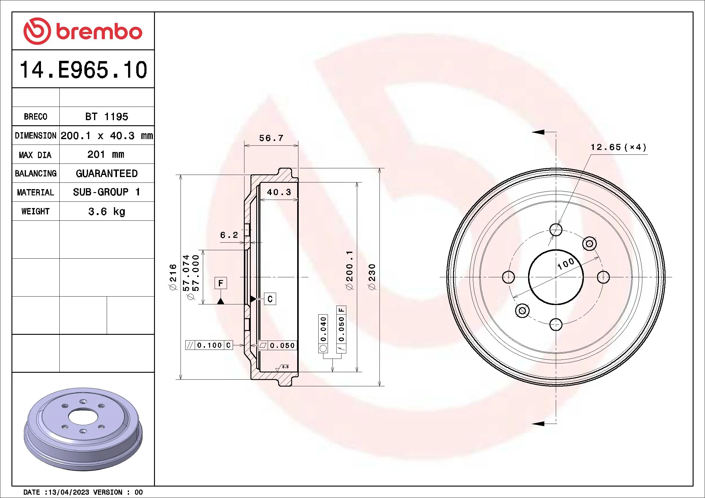 Tambour de frein BREMBO 14.E965.10