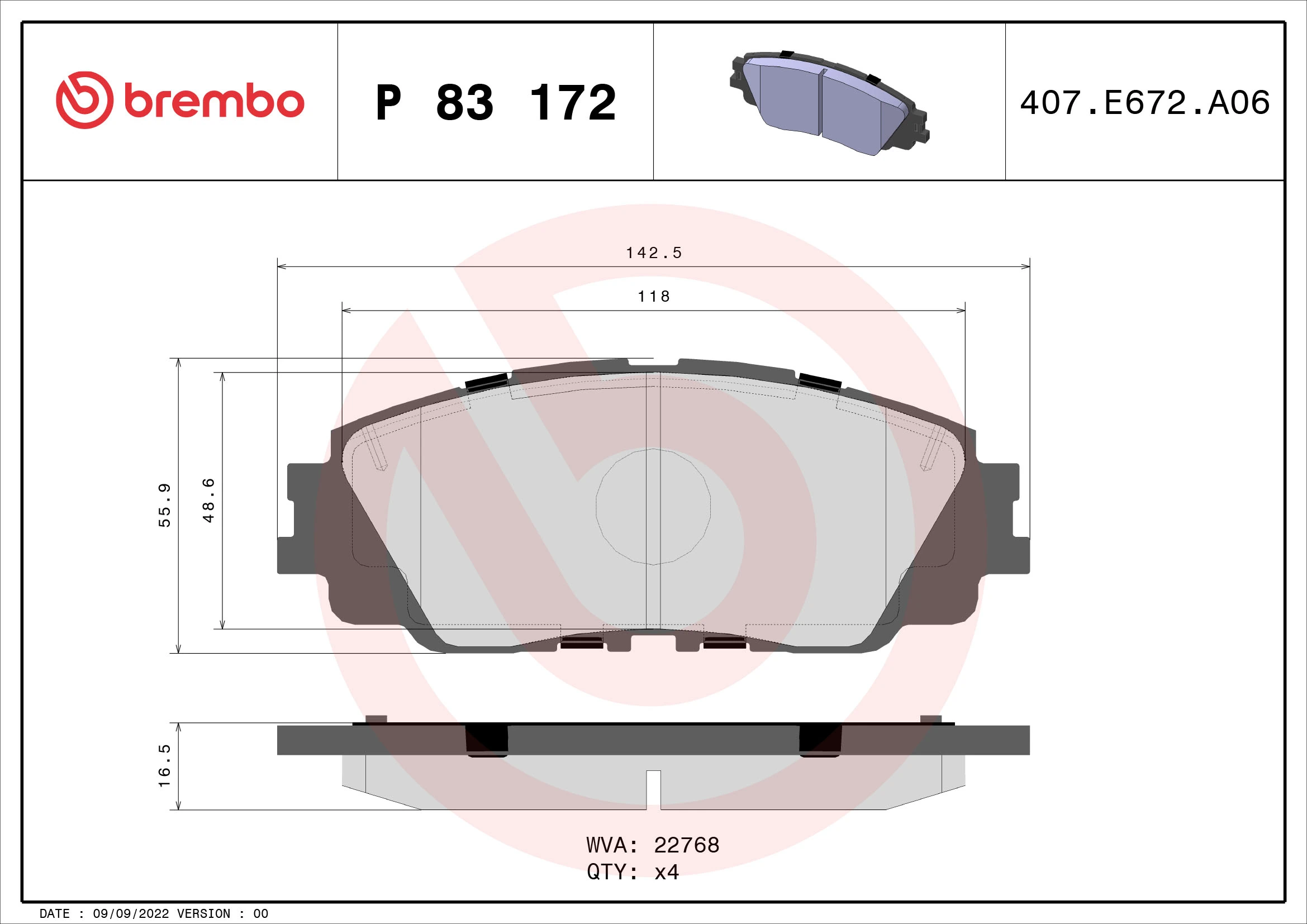 Kit de plaquettes de frein, frein à disque BREMBO P 83 172
