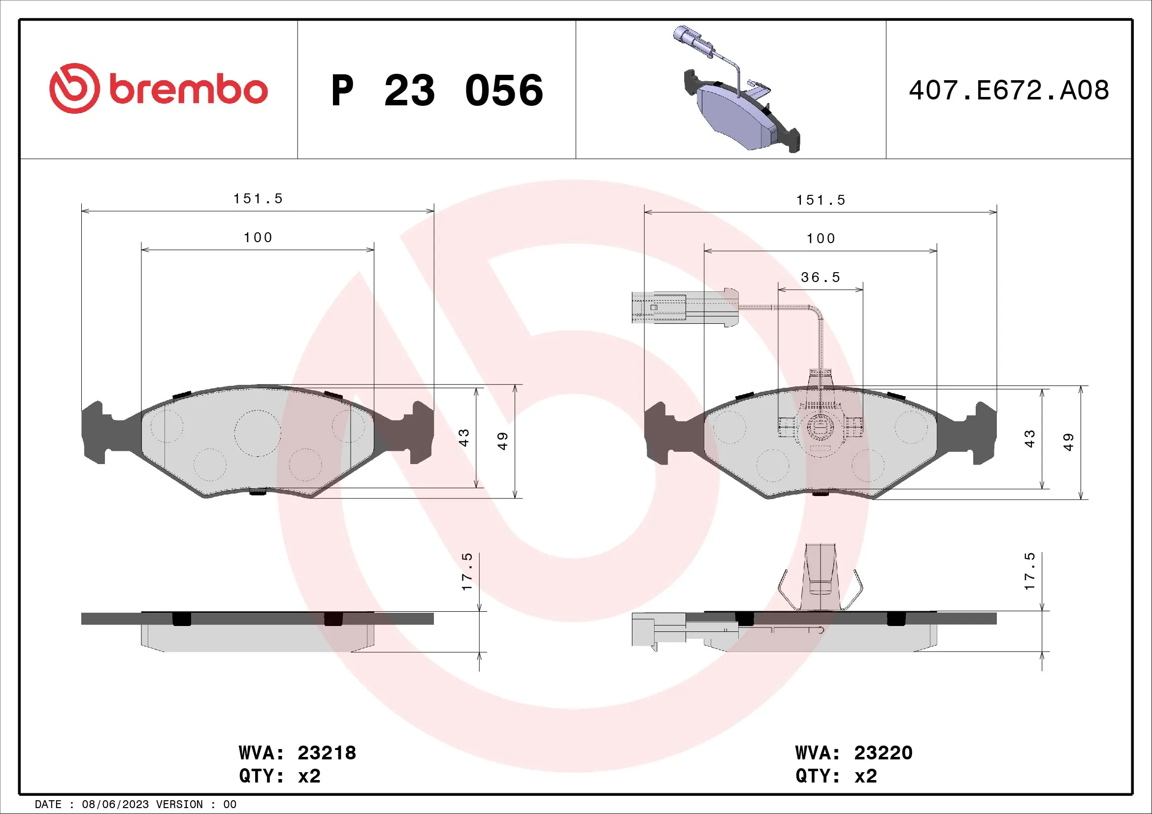 Kit de plaquettes de frein, frein à disque BREMBO P 23 056