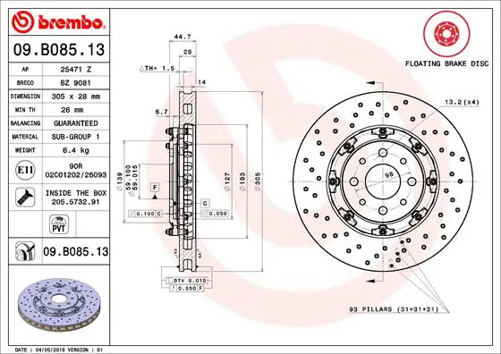 Disque de frein BREMBO 09.B085.13