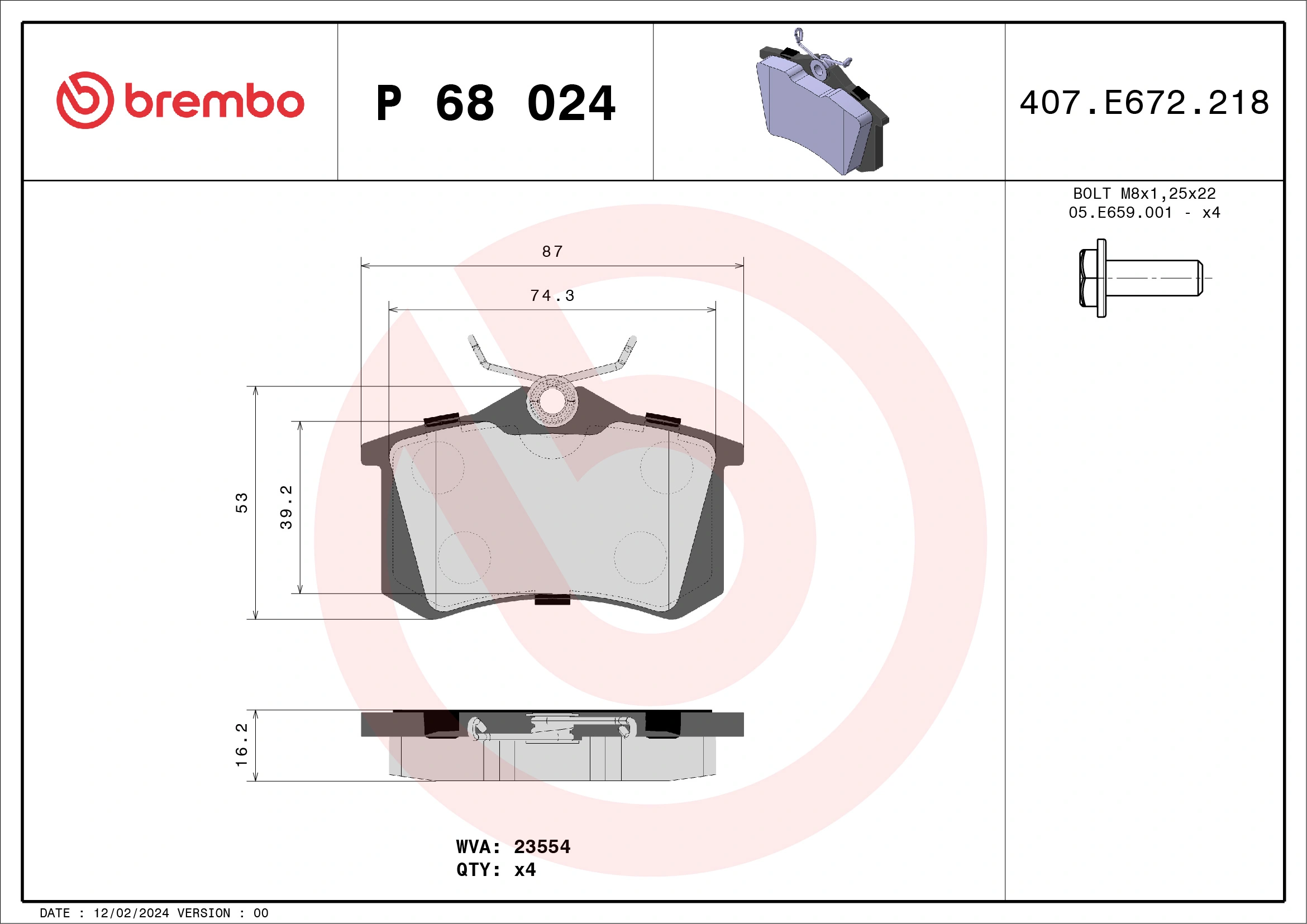 Kit de plaquettes de frein, frein à disque BREMBO P 68 024