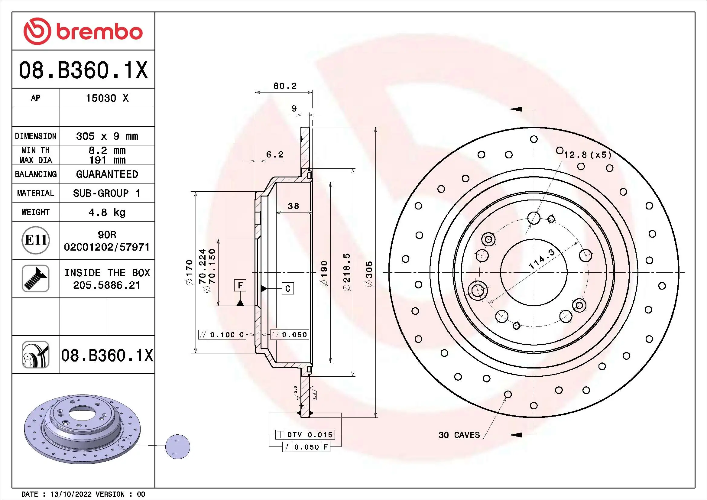 Disque de frein BREMBO 08.B360.1X