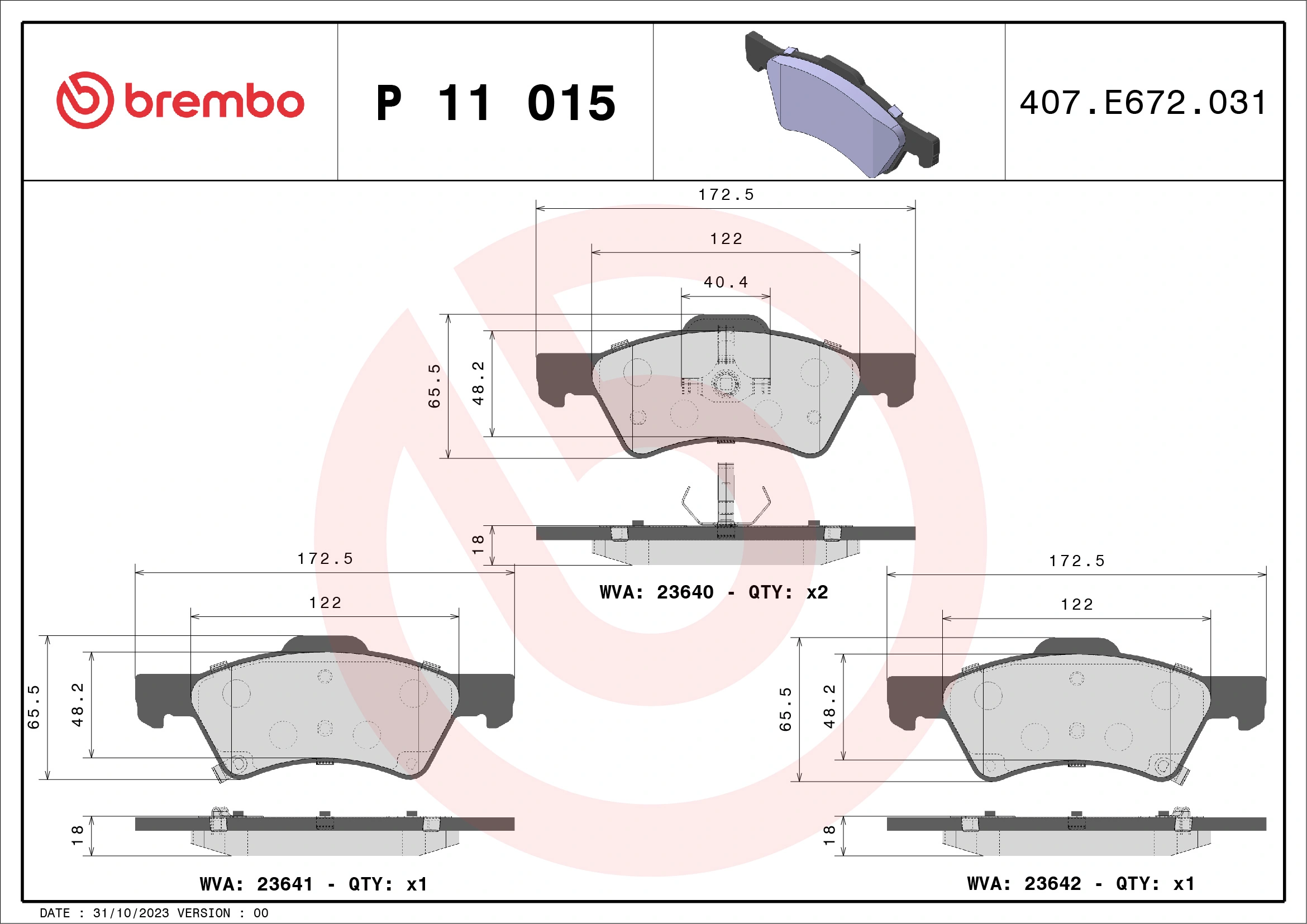 Kit de plaquettes de frein, frein à disque BREMBO P 11 015