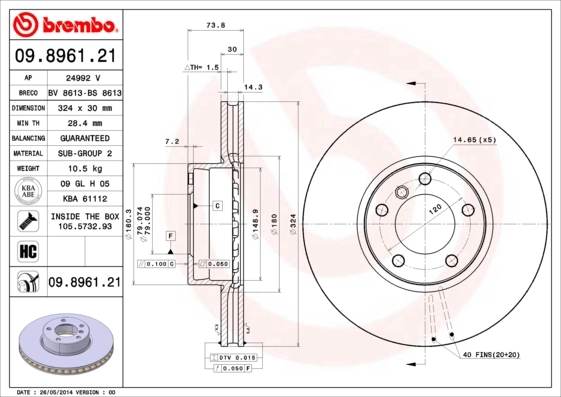 Disque de frein BREMBO 09.8961.21