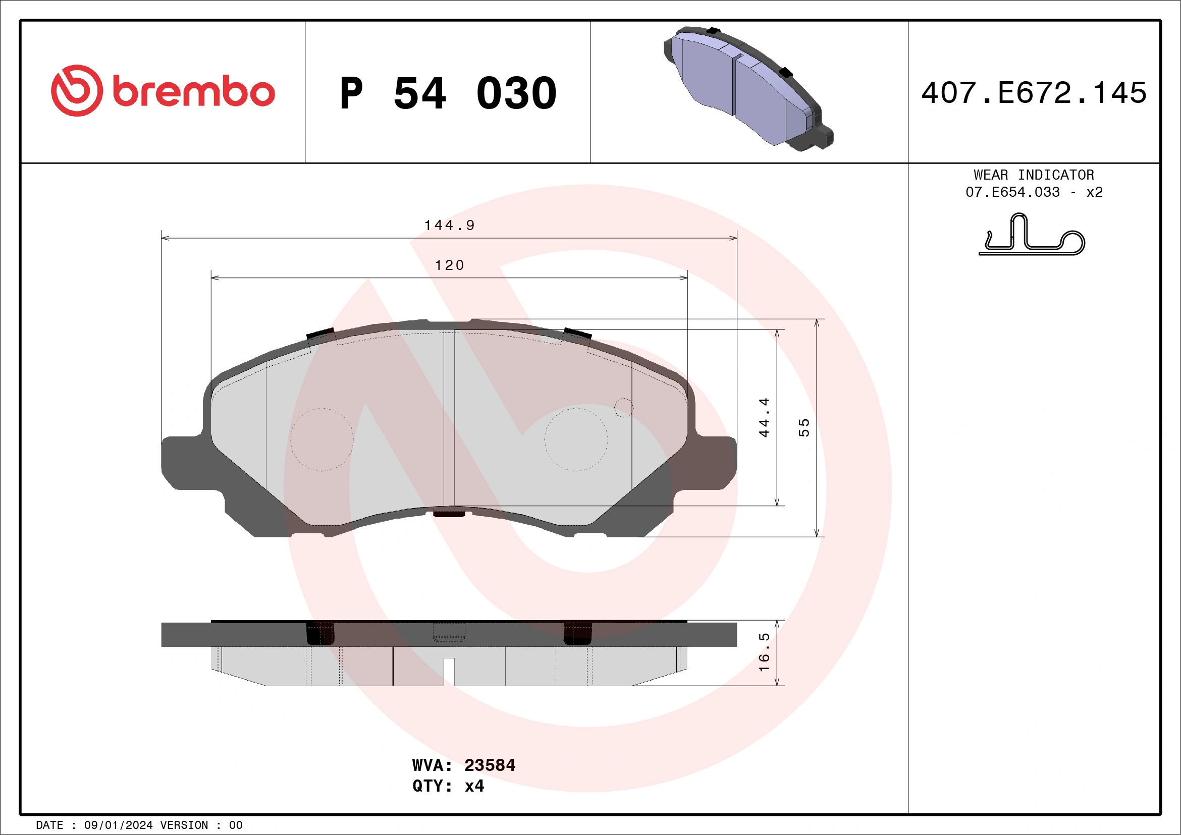 Kit de plaquettes de frein, frein à disque BREMBO P 54 030X