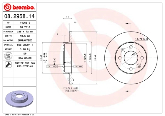Disque de frein BREMBO 08.2958.14